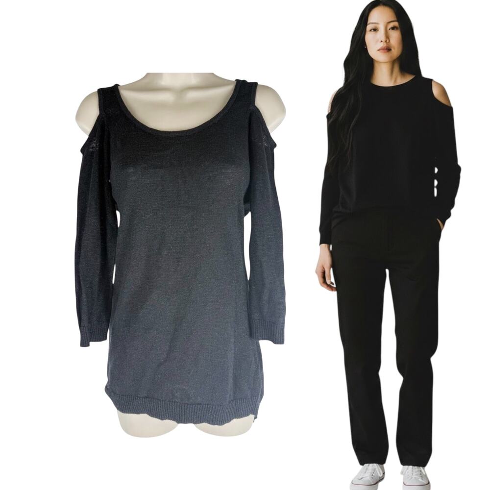 Bebe Cold Shoulder Sweater Black Glitter High Low Hem Size S